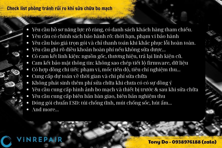 VINREPAIR chuyen sua chua bo mach dien tu tai TPHCM, dong thoi cung cap dich vu sua chua thiet bi dien tu cong nghiep va may moc day chuyen san xuat tu dong. Ngoai TP.HCM, chung toi con nhan sua bo mach va thiet bi do khach hang tren toan quoc gui den. C