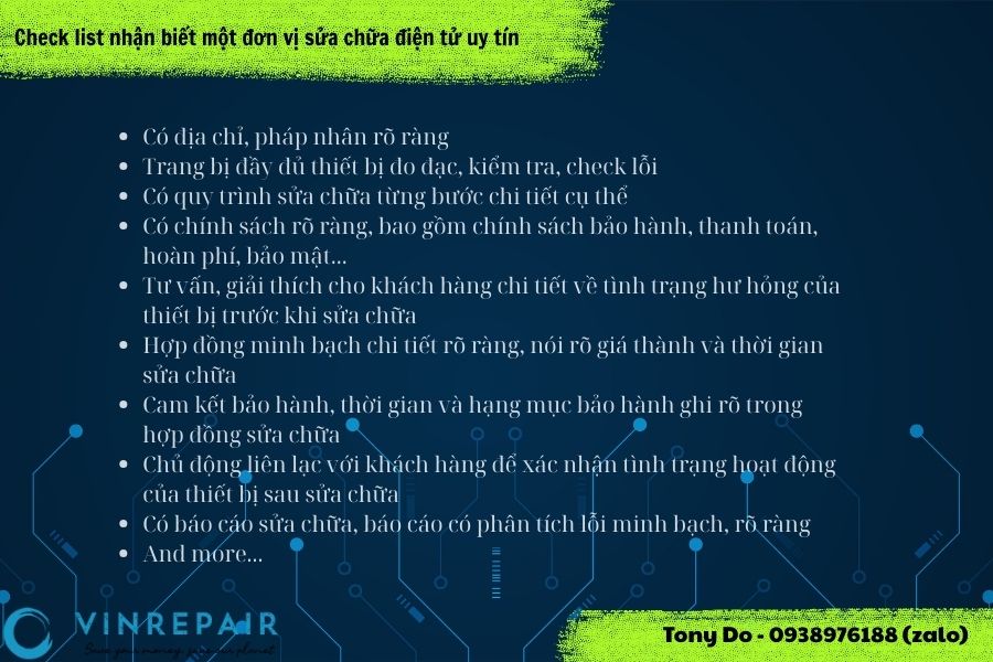 VINREPAIR chuyen sua chua bo mach dien tu tai TPHCM, dong thoi cung cap dich vu sua chua thiet bi dien tu cong nghiep va may moc day chuyen san xuat tu dong. Ngoai TP.HCM, chung toi con nhan sua bo mach va thiet bi do khach hang tren toan quoc gui den. C
